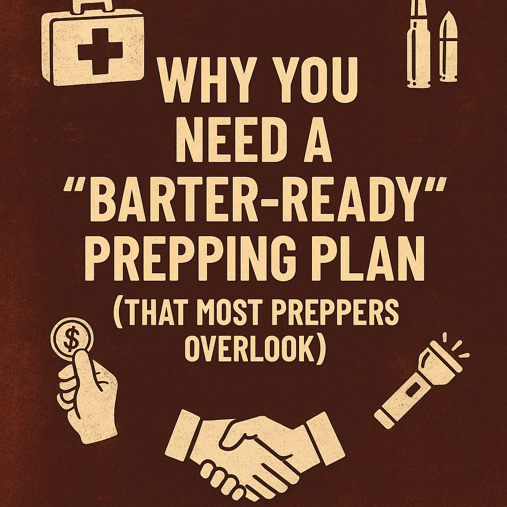 Essential barter items for survival including medical supplies, ammo, food, and tools displayed for trade in a crisis scenario.