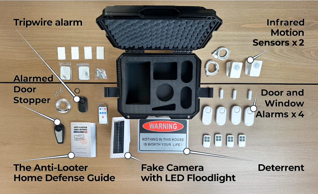 Complete Anti-Looter Kit for home security including tripwires, floodlights, door jammers, and warning signs