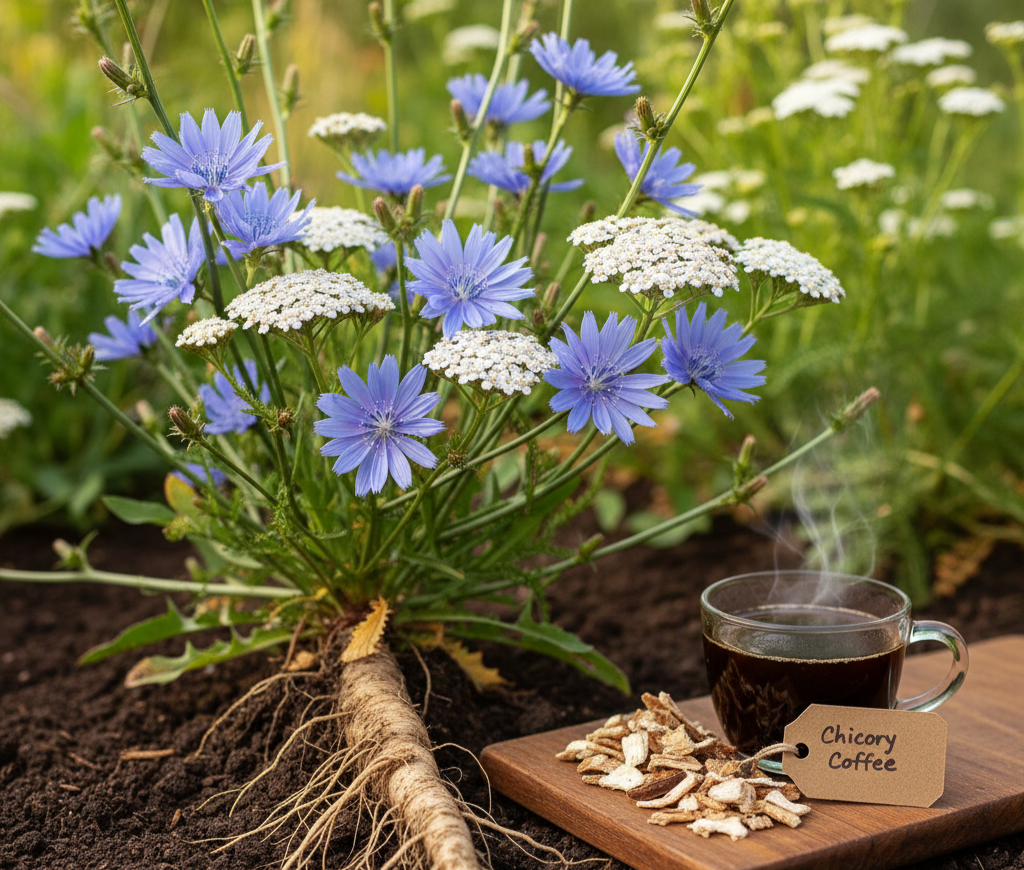 : A chicory plant in a medicinal herbs survival garden, with its roots and dried pieces ready for use.
